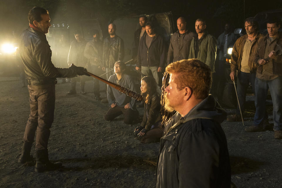 <p>Jeffrey Dean Morgan as Negan, Michael Cudlitz as Sgt. Abraham Ford, Danai Gurira as Michonne, Norman Reedus as Daryl Dixon, Christian Serratos as Rosita Espinosa, Steven Yeun as Glenn Rhee (Credit: Gene Page/AMC) </p>