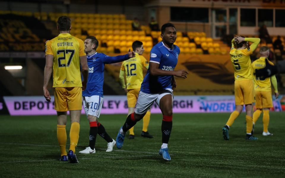 Alfredo Morelos of Rangers celebrates scoring the only goal of the game during Rangers 1-0 victory over Livingston at Tony Macaroni Arena on March 03, 2021 in Livingston, Scotland - Getty Images