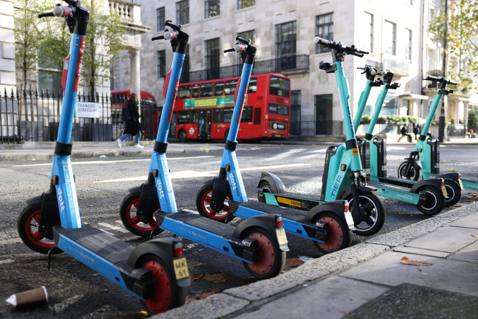 LONDON, ENGLAND - NOVEMBER 20: Dott and Tier e-scooters in London on November 20, 2022 in London, England. London's e-scooter trial, which involves the operators Tier, Lime and Dott, had been scheduled to end this month, but TfL has extended the trial period until September 2023. (Photo by Hollie Adams/Getty Images)