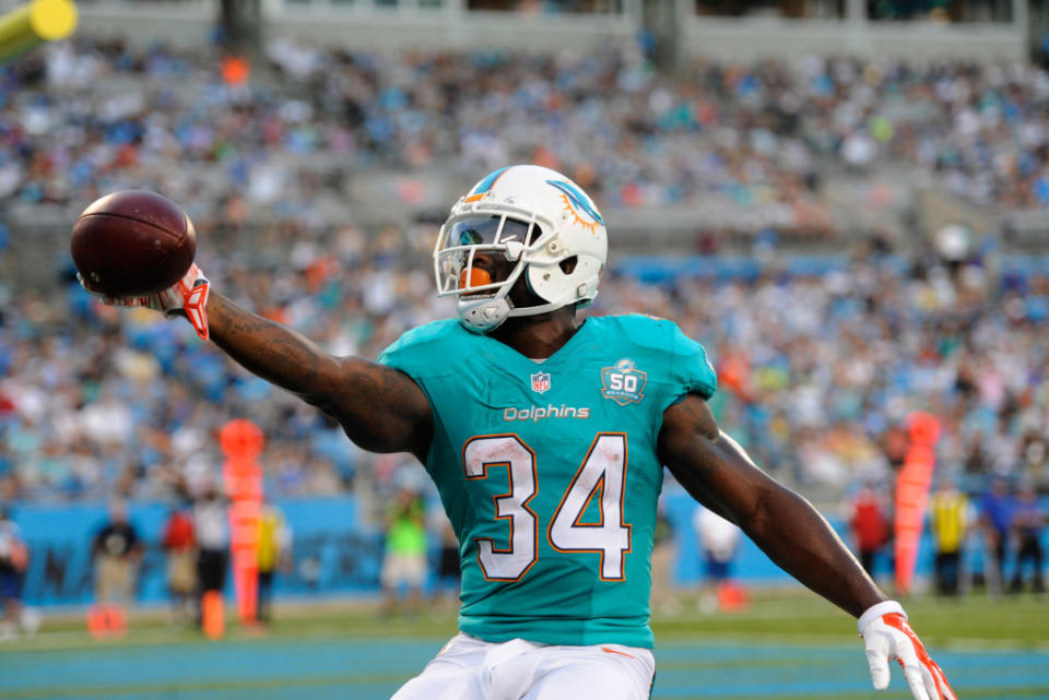 Aug 22, 2015; Charlotte, NC, USA; Miami Dolphins running back Damien Williams (34) scores a touchdown during the first half of the game against the Carolina Panthers at Bank of America Stadium. Mandatory Credit: Sam Sharpe-USA TODAY Sports