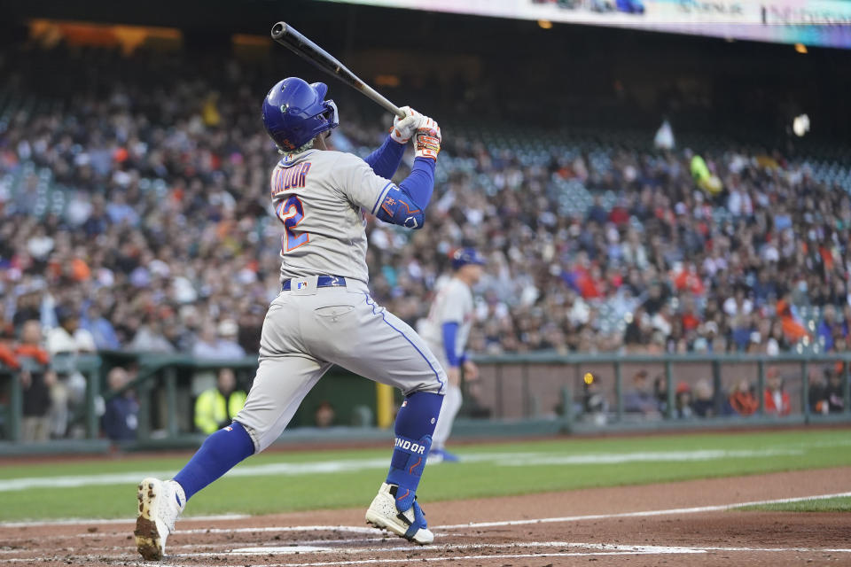 New York Mets' Francisco Lindor watches his two-run double against the San Francisco Giants during the third inning of a baseball game in San Francisco, Monday, May 23, 2022. (AP Photo/Jeff Chiu)