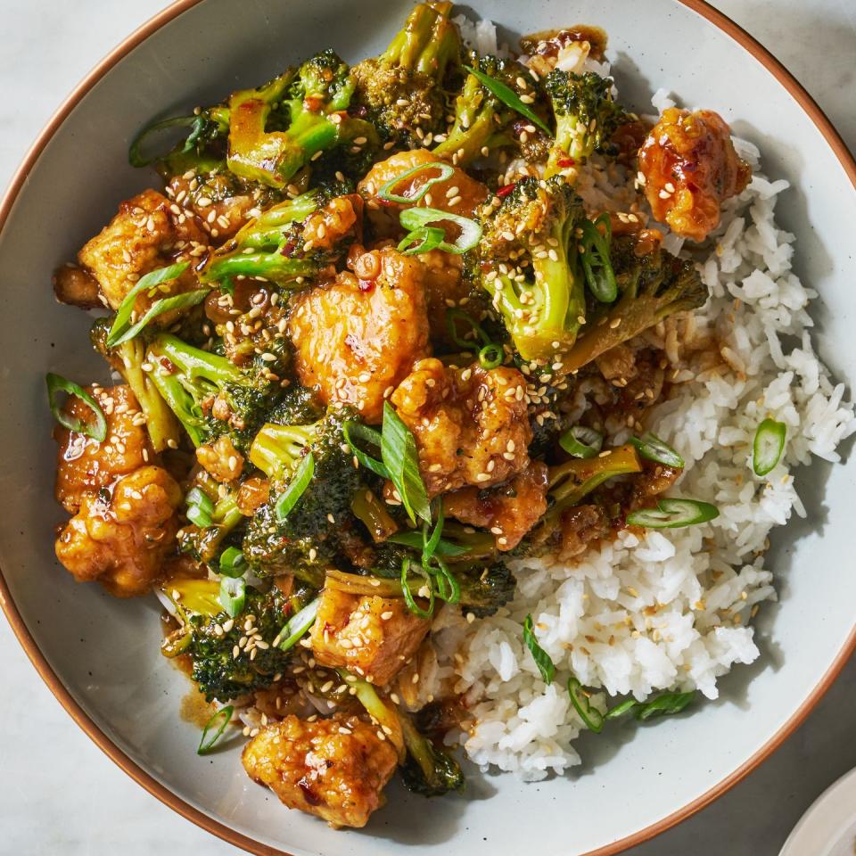 crispy baked tofu tossed with a sweet and savory chili spiked sesame sauce and crisp tender broccoli