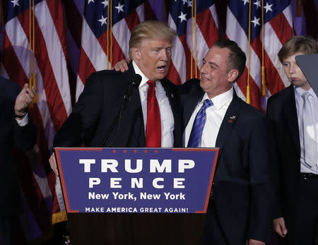 U.S. President-elect Donald Trump and Chairman of the Republican National Committee Reince Priebus address supporters during his election night rally in Manhattan, New York, U.S., November 9, 2016. REUTERS/Mike Segar