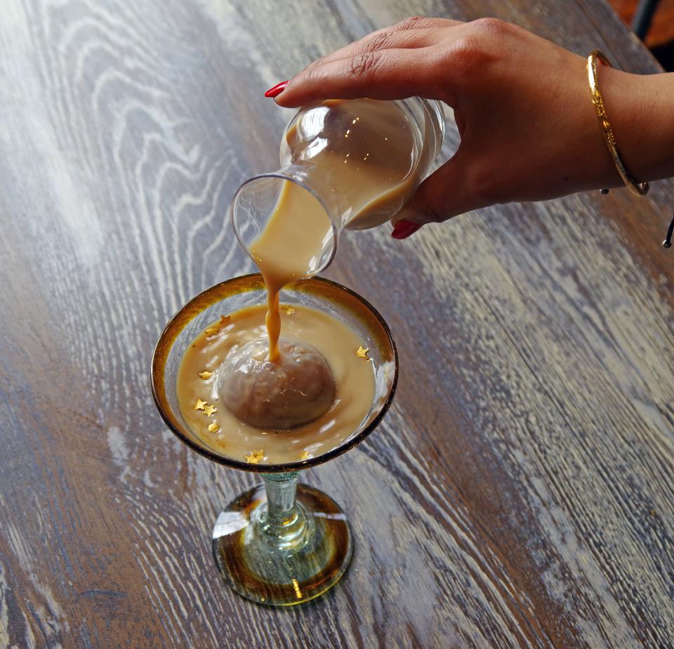 The Yaz's Table signature drink is the Espresso Bomb Martini made with vanilla vodka, Bailey's Kahlua, chocolate liqueur and espresso bomb. Yaz's Table, which serves up new American cuisine with an Egyptian twist, is located at 1209 Bedford St. Abington on Thursday, April 28, 2022.
