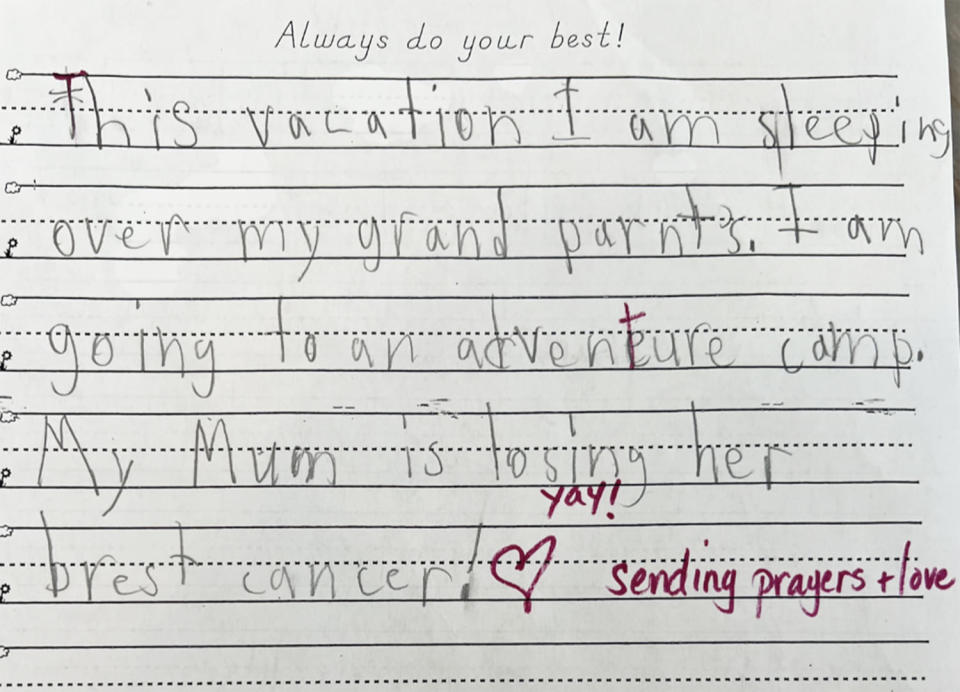 A note from my son's school. I was thrilled when his teacher told me how positive he'd been about my journey with breast cancer. (Courtesy Julie Devaney Hogan)