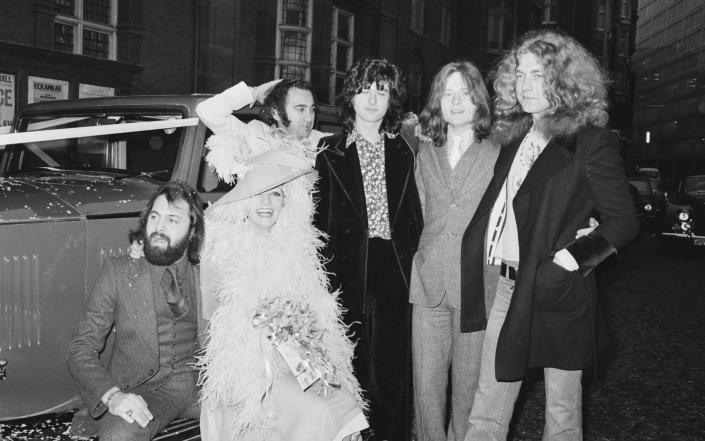 Richard Cole celebrating his 1974 wedding to Marylin Woolhead with Led Zeppelin and Lionel Bart - Getty