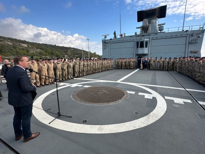 Soldiers line up during the visit of Boris Pistorius German Minister of Defense, on board the frigate 