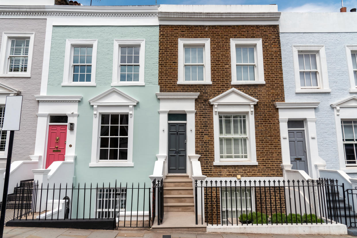 Colored row houses seen in Notting Hill, London