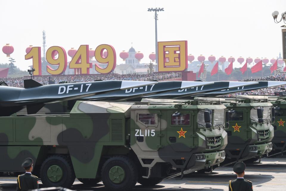 Military vehicles carrying DongFeng-17 missiles at Tiananmen Square in Beijing on October 1, 2019.