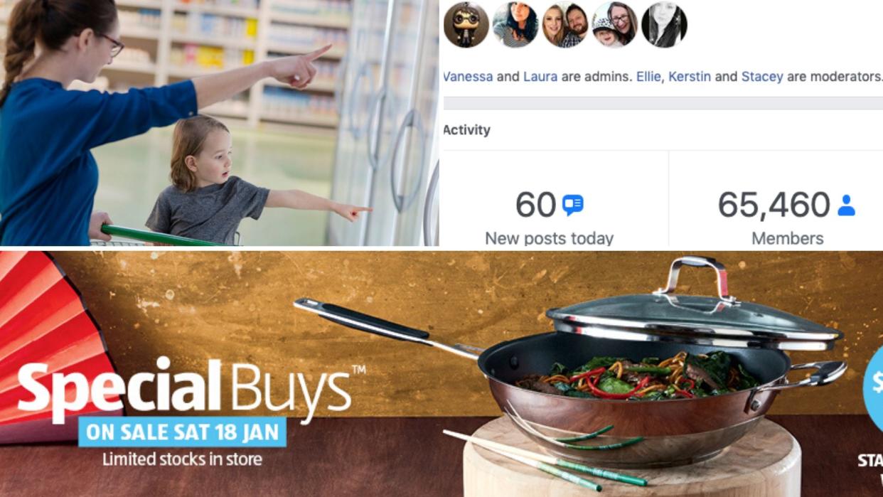 A woman and child grocery shopping on the top left, Aldi Mums Facebook group on the top right and a wok on sale at Aldi on the bottom.