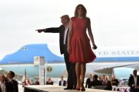 <p>US President Donald Trump and First Lady Melania Trump arrive for a rally on February 18, 2017 in Melbourne, Florida. (Nicholas Kamm/AFP/Getty Images) </p>