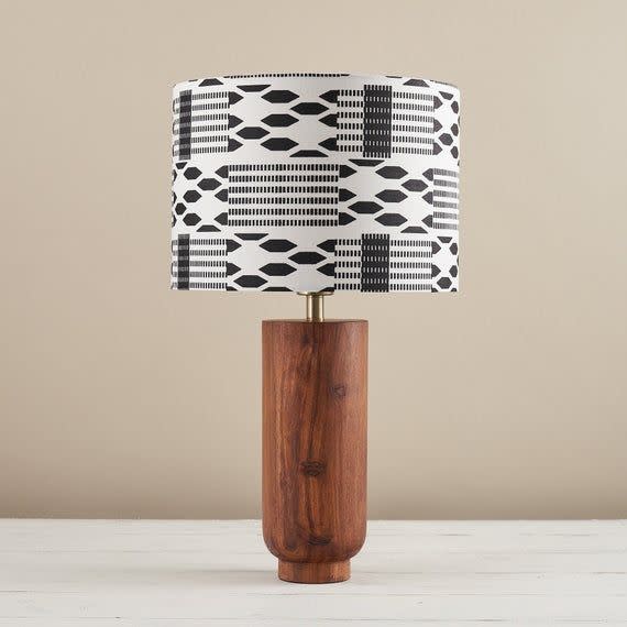 4) African wax print drum lampshade, geometric pattern statement lighting bedside lamp, boho decor lamp shade, table lamp black white kente