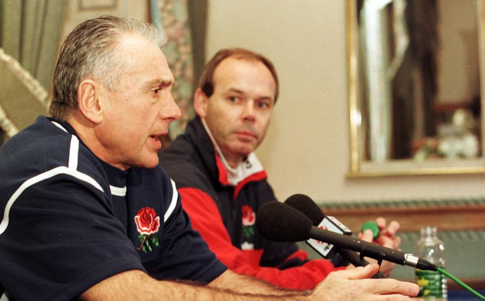 Phil Larder (National Development Officer) Talks to the press as Team Coach Clive Woodward Looks on at the England Rugby Press Conference, Mottram Hall - Allsport