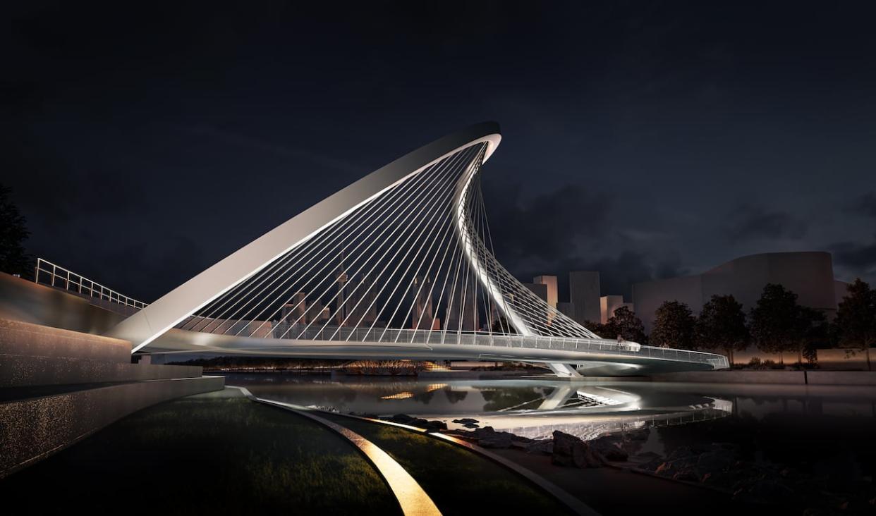 The bridge design is characterized by a signature S-shaped suspended 'arch bridge' connected by a sculptural array of fanning cables, Waterfront Toronto said in a news release Monday.  (Courtesy of Waterfront Toronto - image credit)