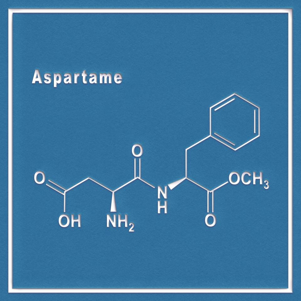 Aspartame artificial sweetener, Structural chemical formula on a white background
