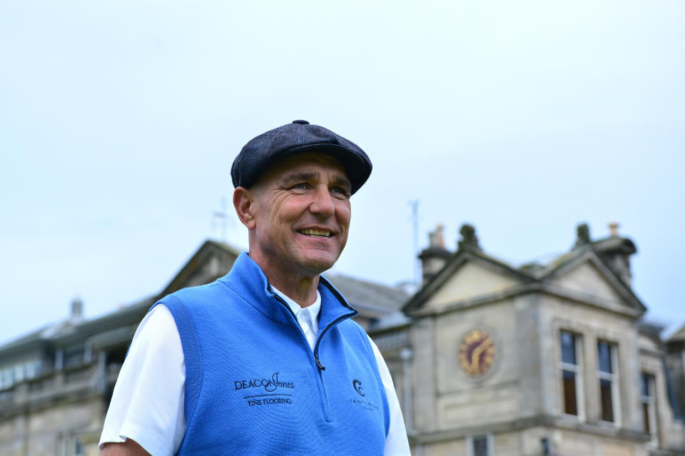 Former football player Vinnie Jones during the Hickory Challenge during preview for the Alfred Dunhill Links Championship at The Old Course on September 25, 2019 in St Andrews, United Kingdom. (Photo by Mark Runnacles/Getty Images)