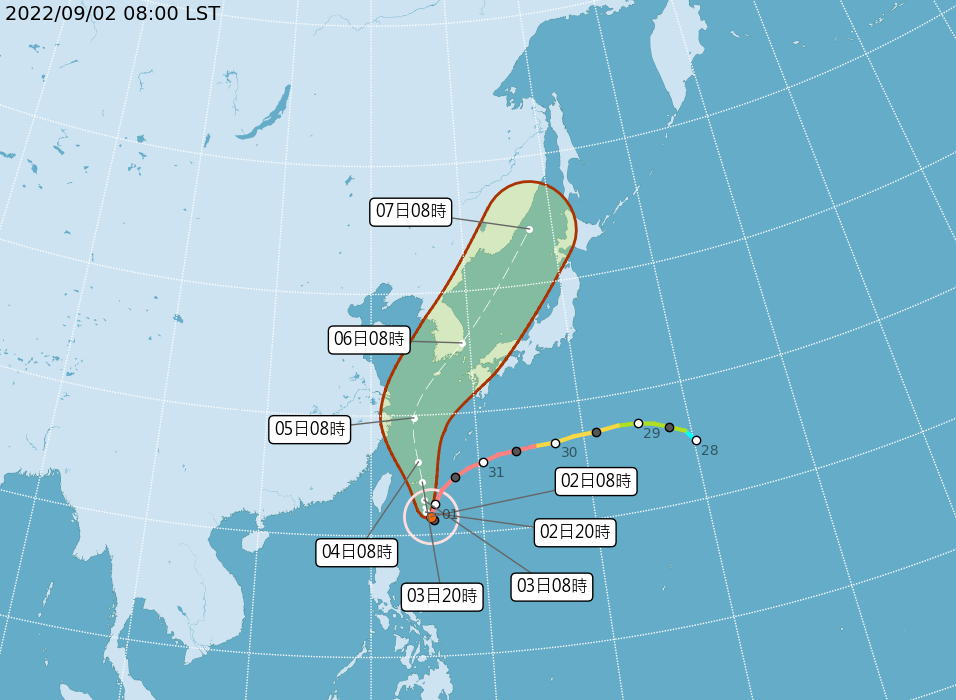 軒嵐諾今早8點的中心位置在北緯21.5度，東經125.4度，即在鵝鑾鼻的東方約470公里之處。（氣象局提供）