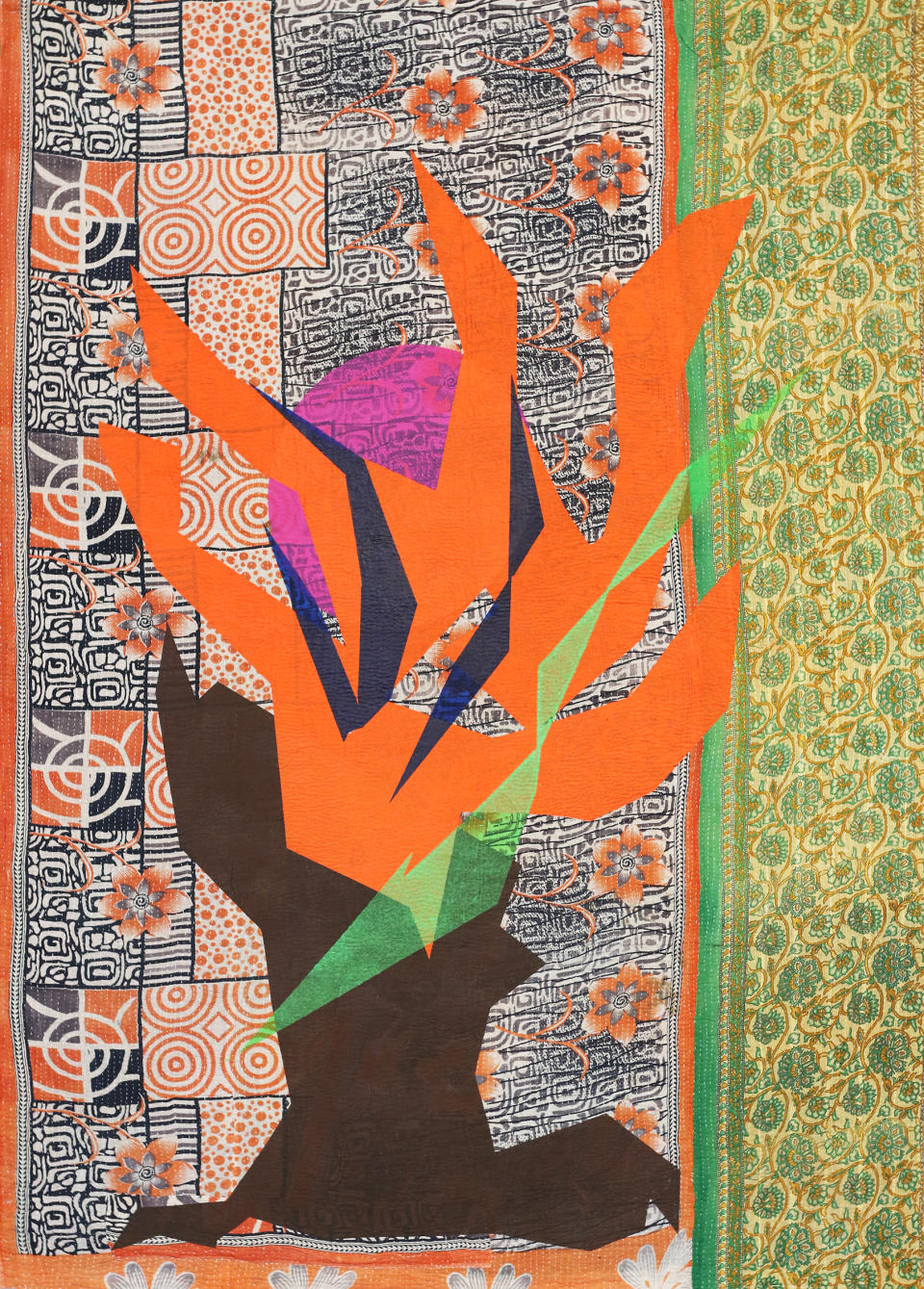 “Lion’s Foot Dancer,” an acrylic on vintage textile work by Shezad Dawood for his new show, “Night In the Garden of Love Inspired by and Featuring Yusef Lateef.”