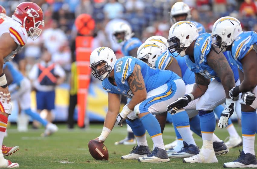 Nov 22, 2015; San Diego, CA, USA; San Diego Chargers center Trevor Robinson (60) awaits the snap during the second half of the game against the Kansas City Chiefs 
at Qualcomm Stadium. Kansas City won 33-3. Mandatory Credit: Orlando Ramirez-USA TODAY Sports