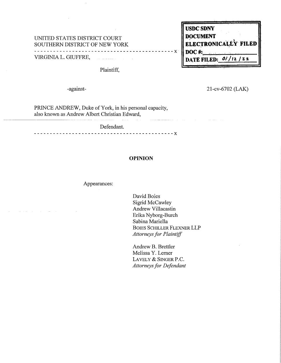 Handout photo dated 12/01/21 of the front page of a 46 page document issued by the US Department of Justice from the Southern District of New York of the written ruling from Judge Lewis A Kaplan that the Duke of York will face a civil sex case trial over allegations he sexually assaulted Virginia Giuffre when she was underage. Judge Kaplan dismissed a motion by the Prince's legal team to have the lawsuit thrown out. Issue date: Wednesday January 12, 2022.