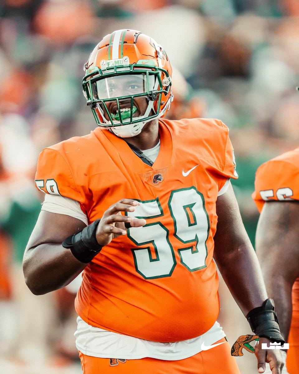 Florida A&M football offensive lineman Jalen Spady (59) looks on during the homecoming game against Grambling State at Bragg Memorial Stadium in Tallahassee, Florida, Oct. 30, 2021