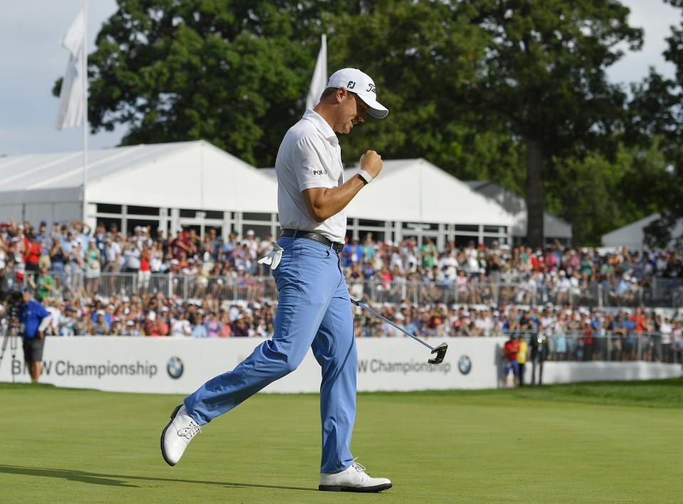 MEDINAH, IL - AUGUST 18: Justin Thomas celebrates on the 18th green after winning the BMW Championship at Medinah Country Club No. 3 on August 18, 2019 in Medinah, Illinois.  (Photo by Quinn Harris/Icon Sportswire via Getty Images)