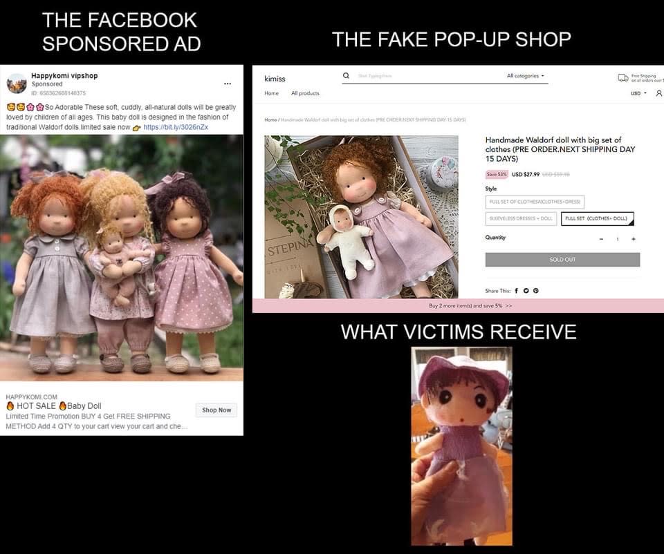 Photos of high-quality handcrafted are being advertised on Facebook, left. The consumer then receives a dollar store doll, bottom right.<span class="copyright">Courtesy Sponsored Ads Exposed</span>