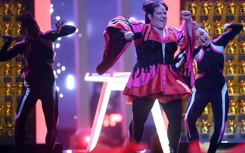 Israel's singer Netta performs the song Toy during the first of 2018's semi-finals - Credit:  FRANCISCO LEONG