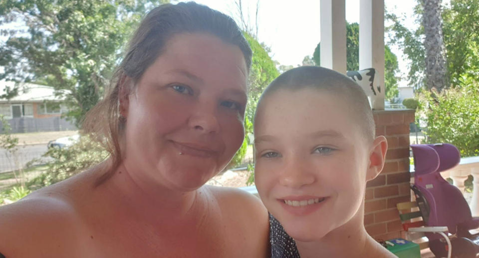 Kyarah Doyle, 12, from Inverell, decided to shave her head for Leukaemia Foundation World’s Greatest Shave on Thursday. She’s pictured here with mum Jessica Smith. Source: Supplied