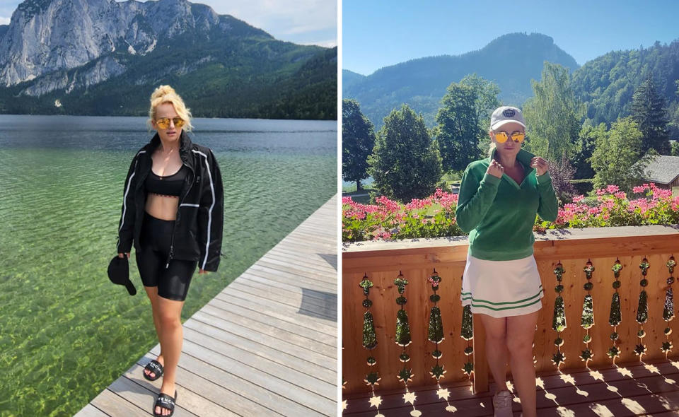 L: Rebel Wilson in a black crop top and exercise pants in front of Austrian mountains. L: Rebel Wilson wears a green top, white skirt with a green trip, baseball cap and sunglasses at an Austrian resort.