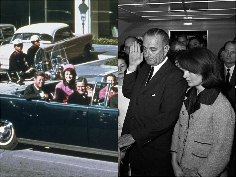 Side by side of JFK and Jackie in a pink jacket and pillbox hat in the back of a convertible car next to Johnson taking an oath with Jackie by his side.
