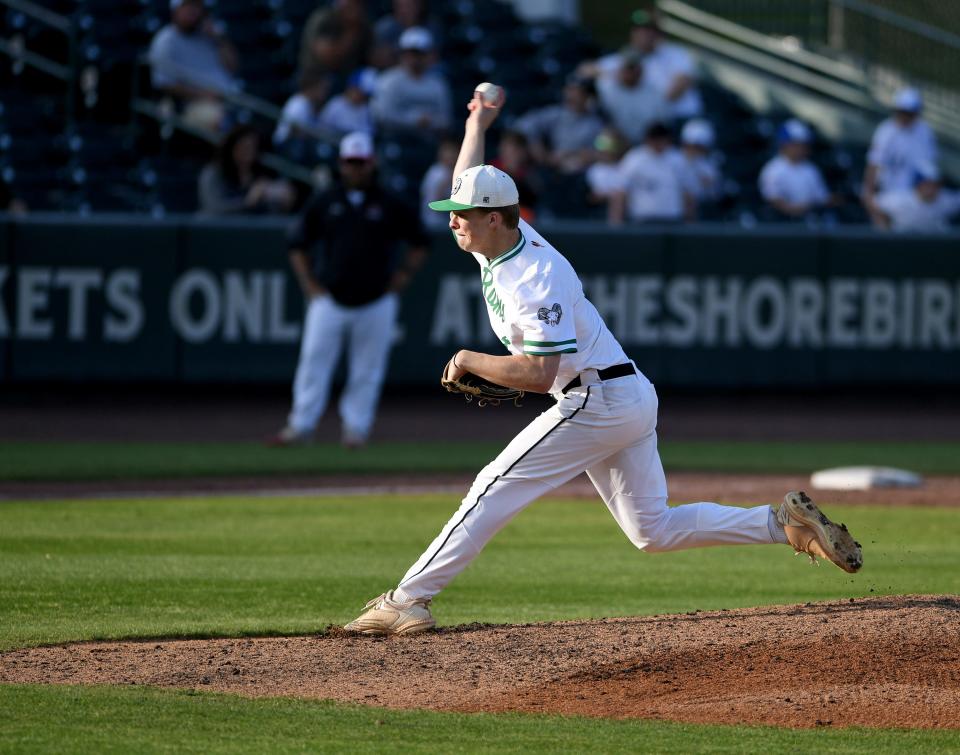 Parkside's Aidan Brinsfield (4) pitches against Colonel Richardson Wednesday, May 10, 2023, at Perdue Stadium in Salisbury, Maryland. Parkside defeated Colonel Richardson 6-5 to win the Bayside Championship.