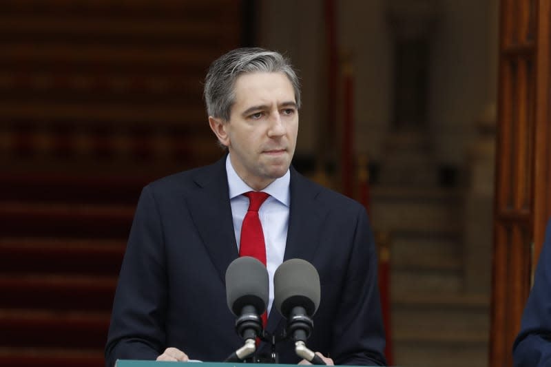 Irish prime minister Simon Harris speaks to the media during a press conference outside the Government Buildings, as the Republic of Ireland recognised the state of Palestine. Damien Storan/PA Wire/dpa