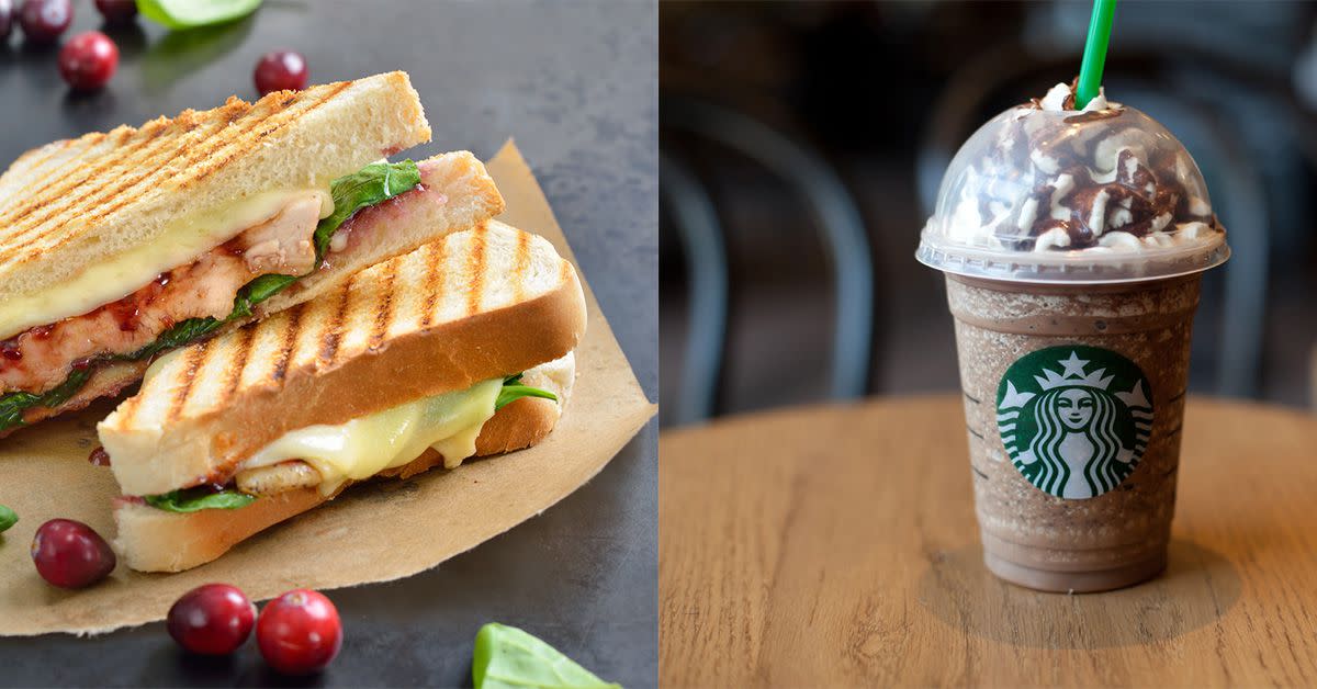 An image of a chicken sandwich melt next to a java chip frappuccino.