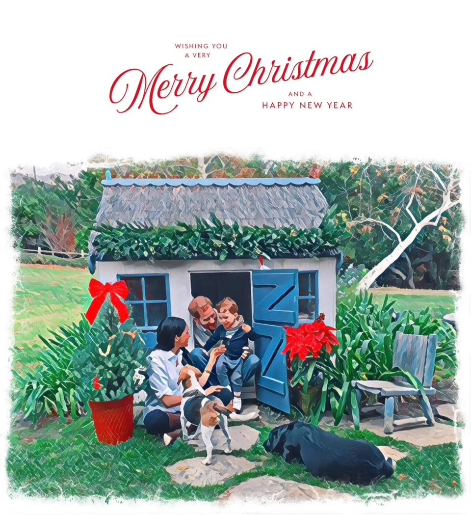 Prince Harry and Duchess Meghan of Sussex play with their son Archie and their dogs in their 2020 Christmas card image.
