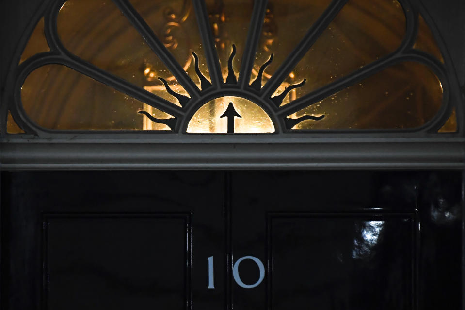 The door of 10 Downing Street, in London, Sunday, Dec. 13, 2020.  (AP Photo/Alberto Pezzali)