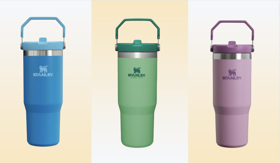 Stanley's IceFlow water bottle tumbler is shown in three colors for Yahoo Life's review.