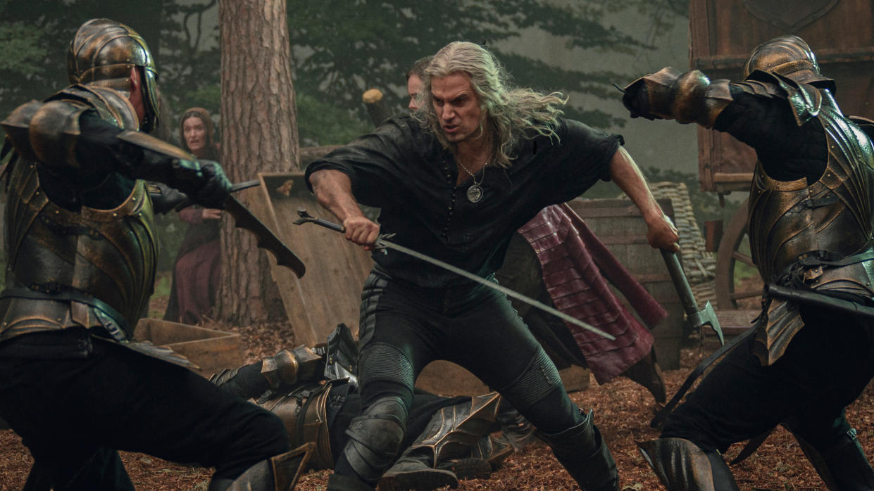  Geralt of Rivia (Henry Cavill) fights Nilfgaard soldiers in The Witcher season 3 