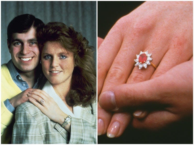 Prince Andrew and Sarah Ferguson side by side with a photo of her engagement ring.