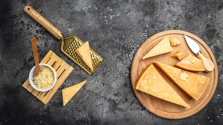 Parmesan cheese on wooden boards