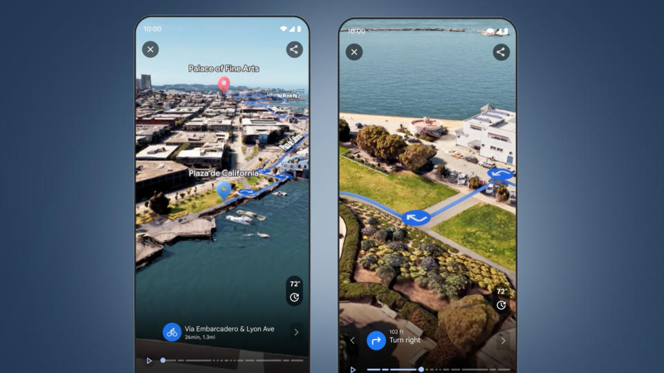 Two phone screens on a blue background showing Google Maps Immersive View