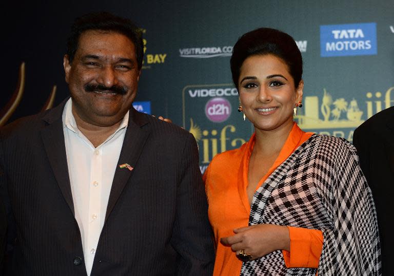 Actress Vidya Balan and Sabbas Joseph, Director of the International Indian Film Academy, at a press conference in New York on March 11, 2014