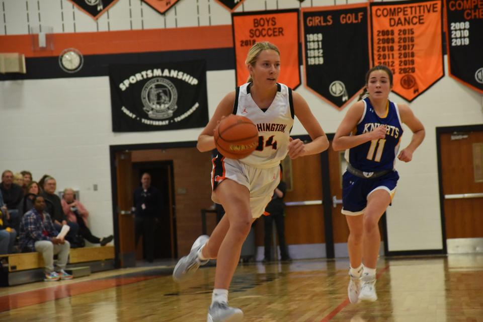 Washington forward Brooklyn Harpe races down the floor in the Warriors' win over O'Gorman at Washington high school Monday, Jan. 9.