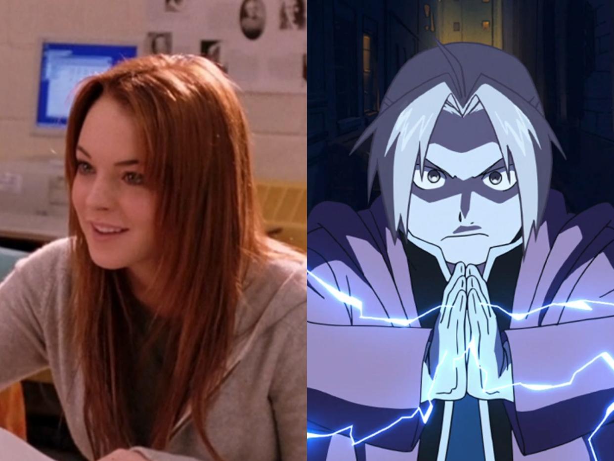 left: cady in mean girls, wearing a grey hoodie and smiling; right: edward elric in fullmetal alchemist brotherhood, his hands together as if praying