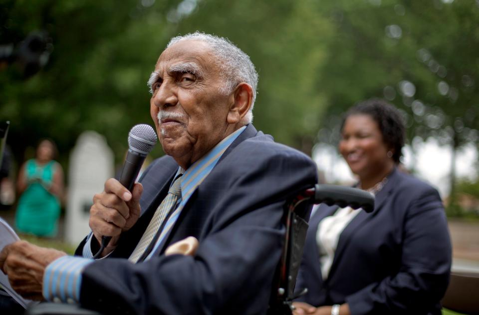 Civil rights leader the Rev. Joseph E. Lowery speaks at an event in Atlanta announcing state lawmakers from around the county have formed an alliance they say will combat restrictive voting laws.