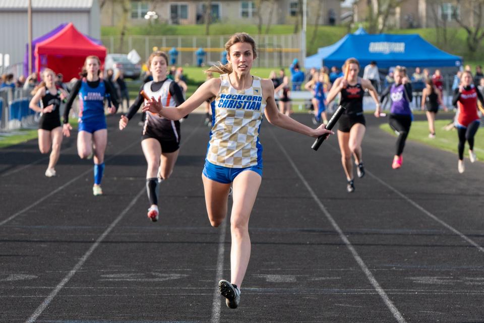 Rockford Christian's Avery Demo stretches across the finish line well out in front during one of the many relay victories for the Royal Lions' squad this postseason. They will be looking for more at state this weekend in Charleston.
