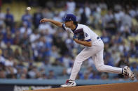 Los Angeles Dodgers pitcher Joe Kelly pitches during the first inning against the Atlanta Braves in Game 5 of baseball's National League Championship Series Thursday, Oct. 21, 2021, in Los Angeles. (AP Photo/Ashley Landis)