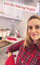 <p>The <em>Big Little Lies</em> actress started her Thanksgiving by taking a leisurely walk with one of her dogs and baking up a storm, documenting the morning on <a href="https://www.instagram.com/reesewitherspoon/?hl=en" rel="nofollow noopener" target="_blank" data-ylk="slk:her Instagram Story;elm:context_link;itc:0;sec:content-canvas" class="link ">her Instagram Story</a>. Between the chocolate cookies and marshmallow-topped sweet potatoes, we'd sure like to be in Reese's kitchen right about now! </p>