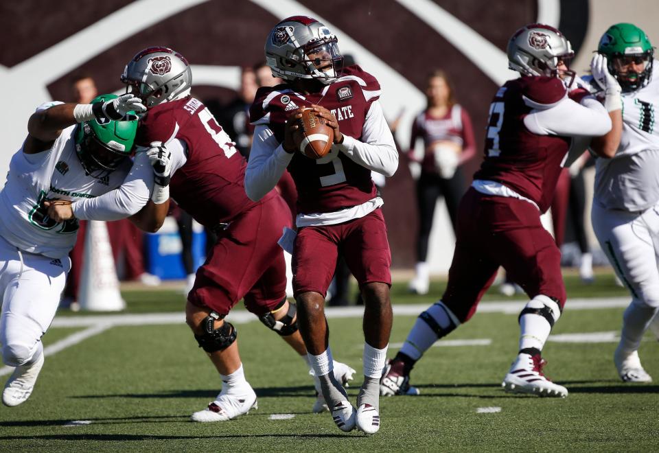 Missouri State quarterback Jason Shelley looks to pass the ball during this team's game against North Dakota at Plaster Stadium on Saturday, Oct. 30, 2021.