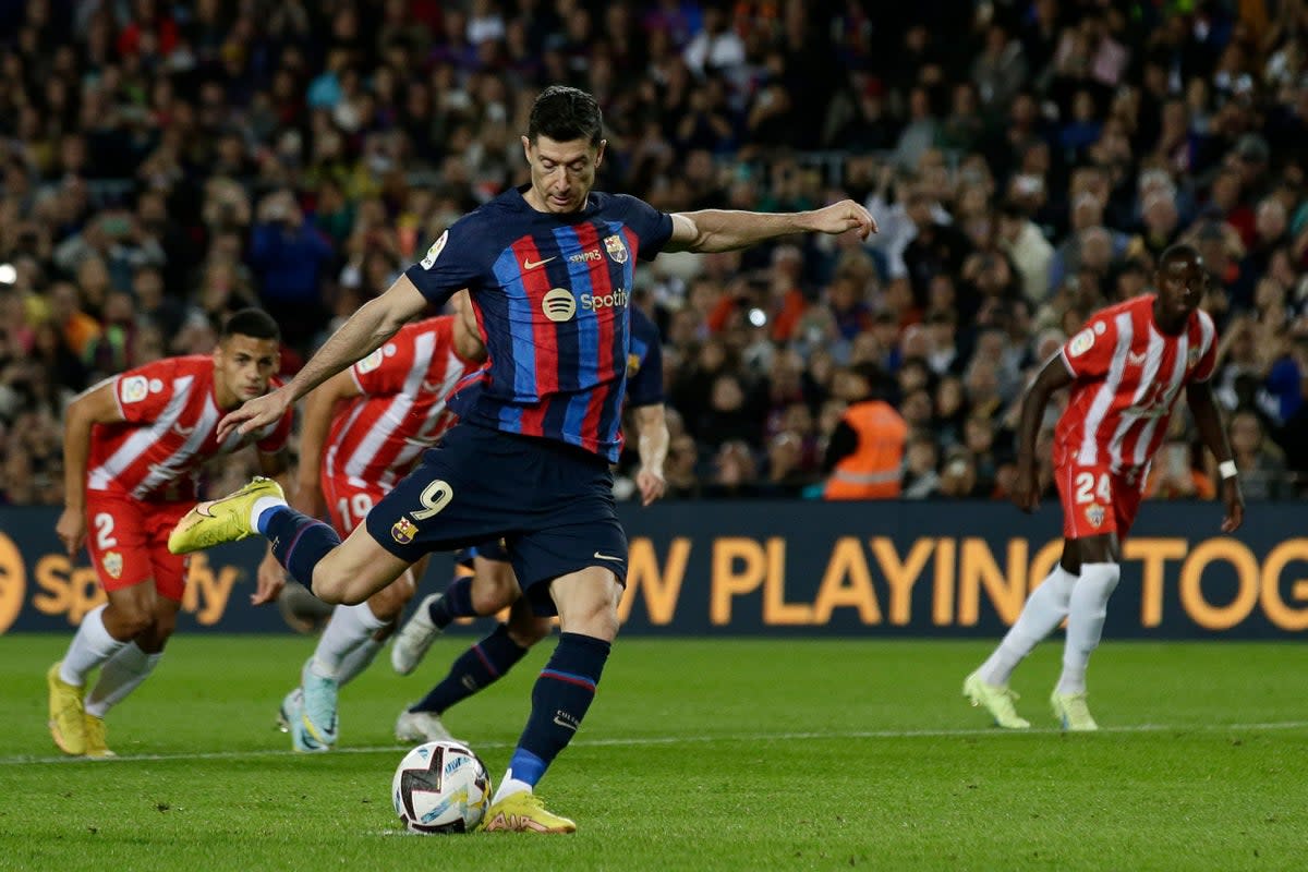 Barcelona’s Robert Lewandowski missed a penalty against Almeria (Joan Monfort/AP/PA) (AP)